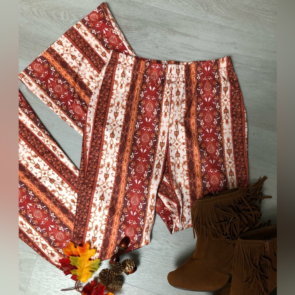 ☮️🧡Boho Hippie Woodstock Festival Print Bellbottom Pants & Bracelet